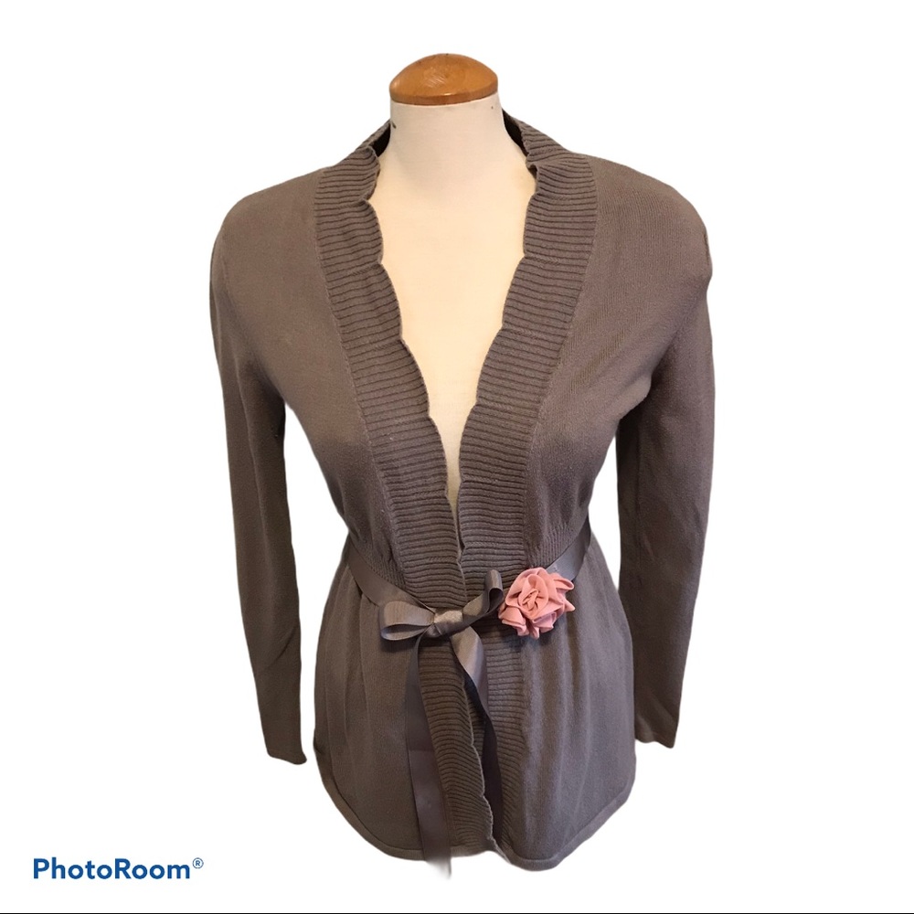 Elle Open Front Cardigan with Ribbon Tie and Rose